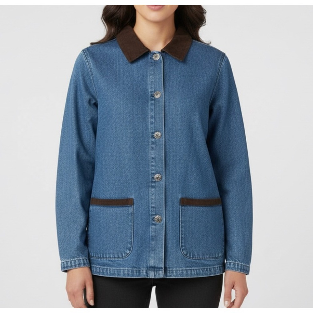 DENIM & CO. Blue Denim Jacket BROWN FAUX SUEDE COLLAR Pockets Button-Up SIZE S
